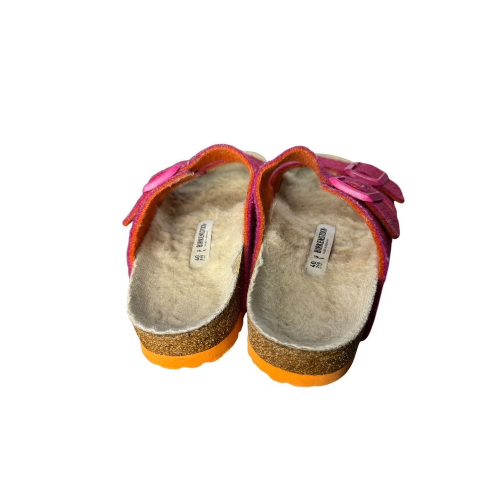 Birkenstock Arizona Shearling Pink Wool Felt Sandals Orange Sole Narrow 40 L9 M7 - Picture 3 of 10